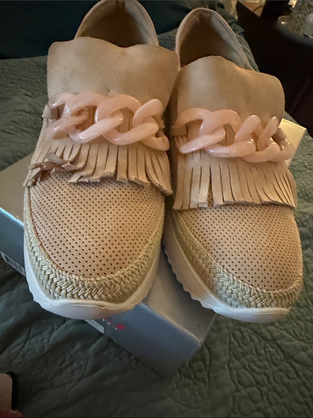 Vaneli Pink Beige Fringe Slip-On Sneakers with Decorative Chain